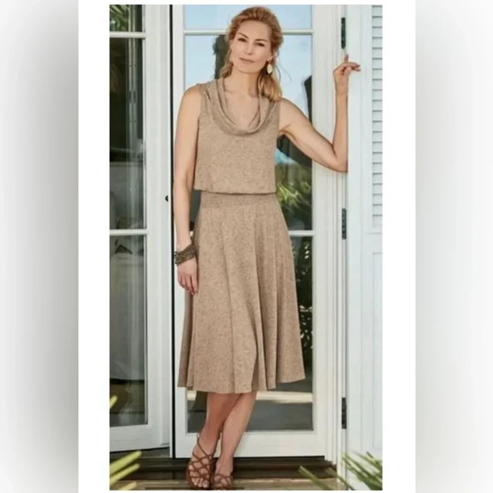 SOFT SURROUNDINGS Kerry Cowl Neck Sleeveless Knit Dress Tan Size Medium